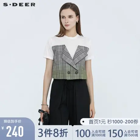 sdeer圣迪奥女夏时尚圆领格纹拼接渐变短袖T恤S21280181💜商品大图