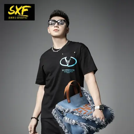 SXF圣希梵2024夏季新款男士t恤 潮牌印花体恤上衣宽松纯棉短袖男商品大图
