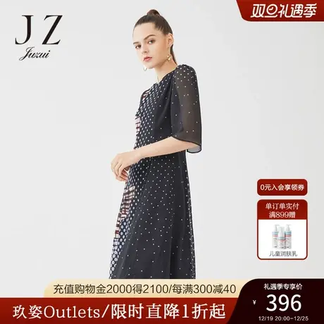 JUZUI/玖姿奥莱官方春季新款黑色波点收腰长款女雪纺连衣裙商品大图