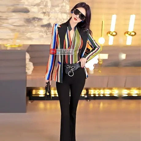 VJE春季原创设计感假两件彩虹条纹小西装2025新款女人味OL外套商品大图