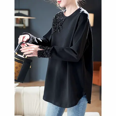 宝诗黎圆领亮片盘扣拼接长袖T恤2025春季宽松百搭休闲棉质上衣女商品大图