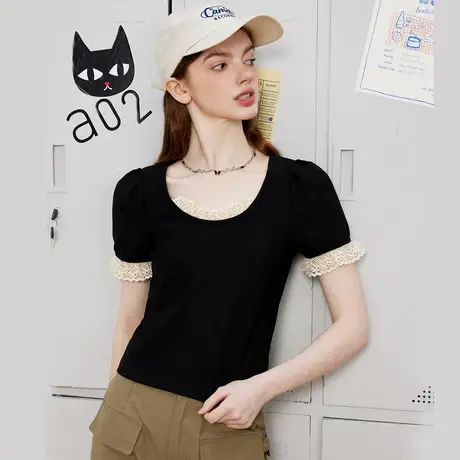 a02法式泡泡袖蕾丝拼接针织小个子显瘦女式T恤夏季气质短袖图片