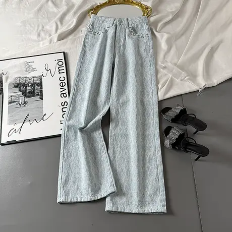 浅蓝色口袋钉珠牛仔裤女2025春夏新款洋气百搭显瘦直筒裤子阔腿裤商品大图