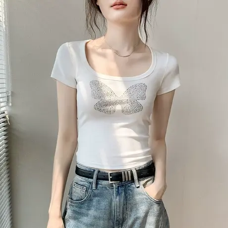 歌倍尚蝴蝶烫钻大圆领短袖T恤女2025夏新款正肩别致修身显瘦上衣图片