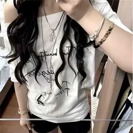 美式chic甜辣一字斜肩短袖T恤女夏季宽松韩版百搭纯欲露肩上衣潮商品大图