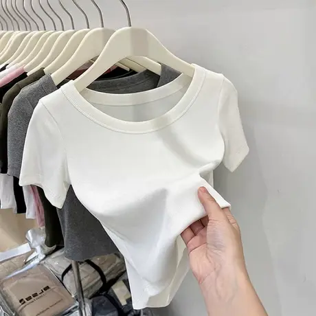 白色正肩短袖t恤炸街ins潮辣妹卡腰修身短款上衣小众甜酷显瘦小衫商品大图