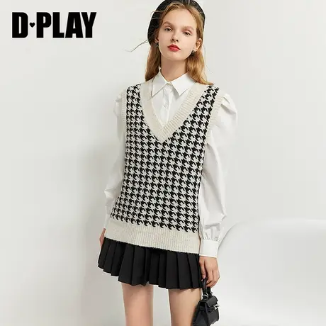 DPLAY德帕拉秋冬新款黑色复古学院风V领针织背心千鸟格提花上衣商品大图