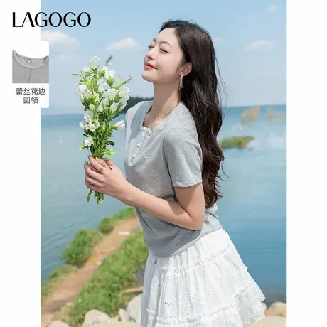LAGOGO蕾丝花边灰色甜美T恤女拉谷谷2025夏季新款收腰显瘦短袖商品大图