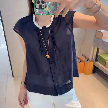 高级时尚短袖衬衫女夏季薄款上衣2025简约复古文艺宽松小衫衬衣商品大图