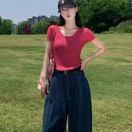 u领冰丝针织正肩短袖t恤女夏季小个子超好看修身高腰短款辣妹上衣商品大图