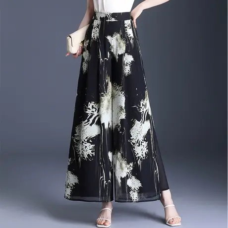双层印花雪纺长裤子阔腿裤女夏季2025新款高腰垂感显瘦大脚裤裙裤商品大图