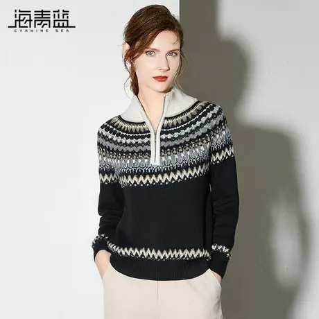 海青蓝费尔岛复古提花半开襟拉链长袖针织衫女高级感慵懒套头毛衣商品大图