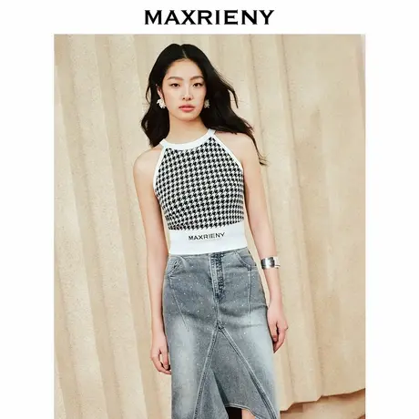 【奥莱】MAXRIENY复古黑白千鸟格针织背心复古挂脖削肩毛衫商品大图