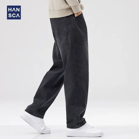 hansca黑色直筒牛仔裤男秋季新款美式潮牌复古水洗做旧宽松长裤子商品大图