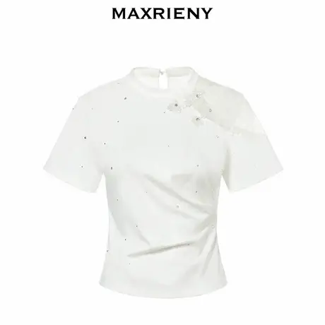 【奥莱】MAXRIENY新中式盘扣领不对称蕾丝镂空拼接T恤上衣女图片