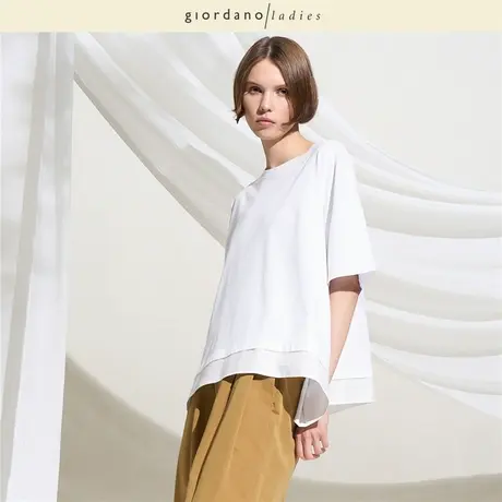 GL2025夏季新款短袖T恤女纯棉拼接下摆圆领宽松梯形上衣02325041图片