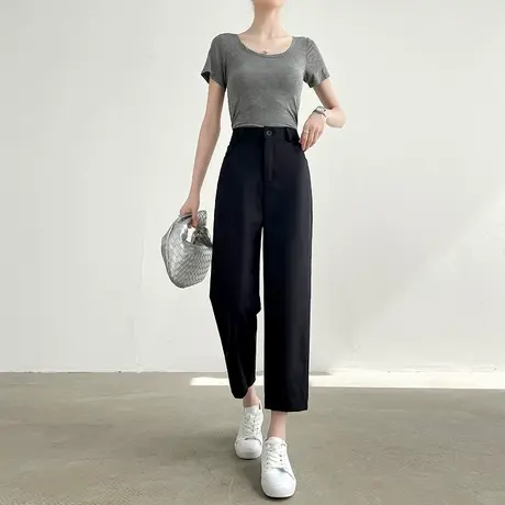 黑色九分西装裤女夏季薄款高腰显瘦宽松直筒八分小个子休闲烟管裤商品大图