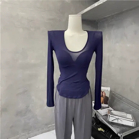 薄透性感～紧身显胸不规则气质圆弧长袖T恤打底衫女2024秋装新款图片