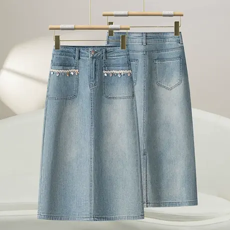 浅色牛仔半身裙女夏季2025新款时尚百搭休闲开叉包臀裙显瘦直筒裙商品大图