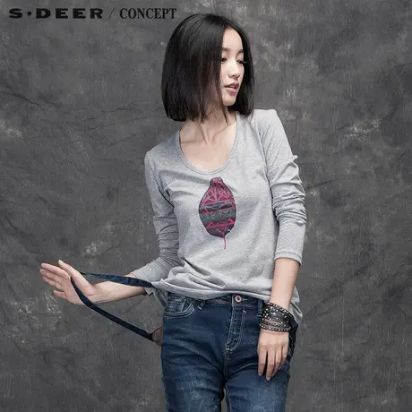 sdeer圣迪奥随性涂抹的树叶印花长袖T恤S15480207图片