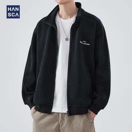 hansca开衫卫衣男秋冬款新款加绒重磅潮牌黑色拉链奥粒绒外套上衣商品大图