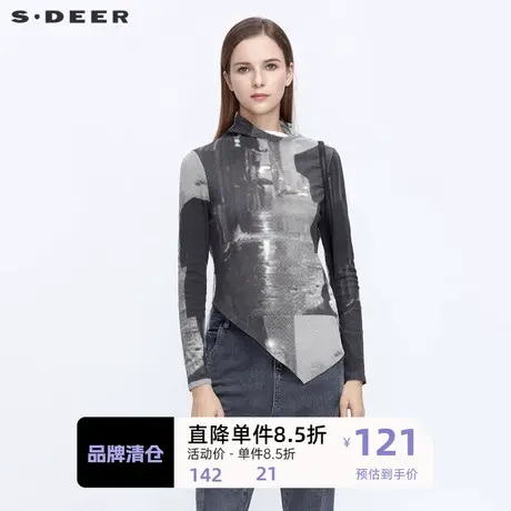 sdeer圣迪奥女装时尚高领人物印花不规则长袖T恤S21180205图片