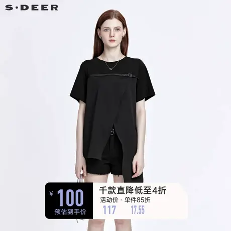 sdeer圣迪奥夏季女装小众设计上衣雪纺拼接黑色T恤女S20280152图片