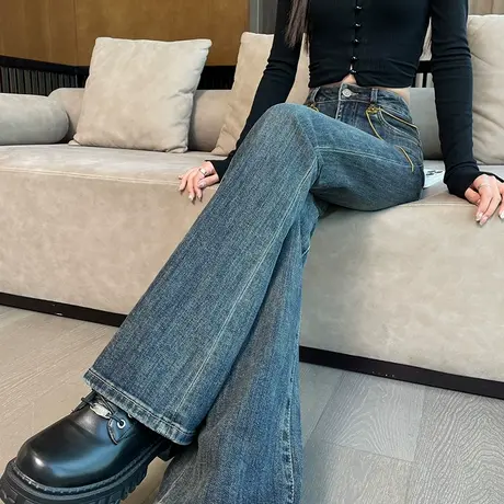 复古喇叭牛仔裤女2025秋季新款高腰弹力修身马蹄裤显瘦直筒微喇裤商品大图