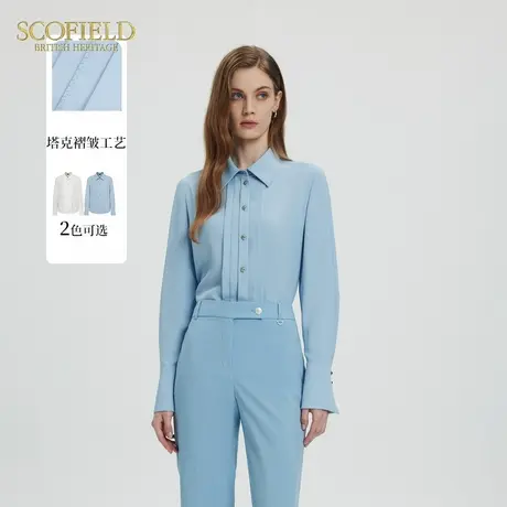 Scofield女装简洁翻领衬衫白色金属扣长袖通勤褶皱衬衣秋季上衣商品大图