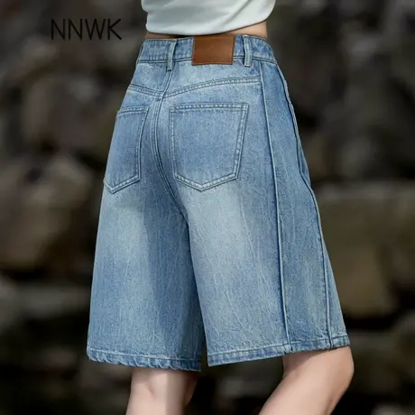 清仓拼接牛仔短裤女夏季2025新款高腰直筒宽松阔腿裤四五分裤中裤商品大图