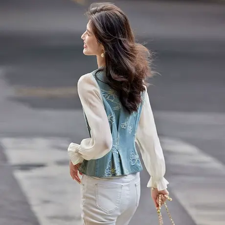 时尚气质长袖衬衫2025年春季新款拼接牛仔休闲显瘦百搭小个子上衣图片