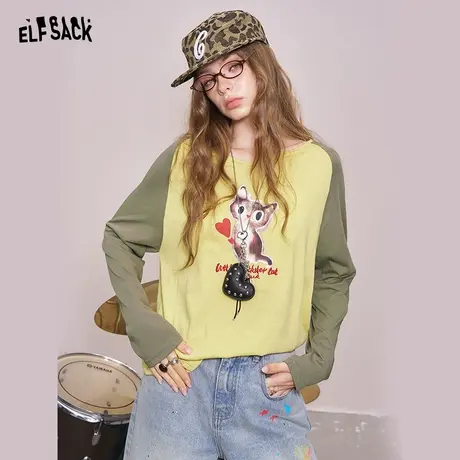 妖精的口袋插肩卡通印花长袖t恤女2025年夏季新款慵懒风空调罩衫图片