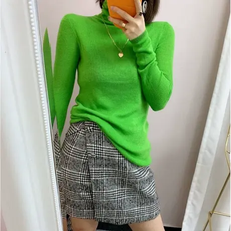 高领羊毛针织打底衫女2021秋冬款韩版时尚糖果色修身内搭打底毛衣图片