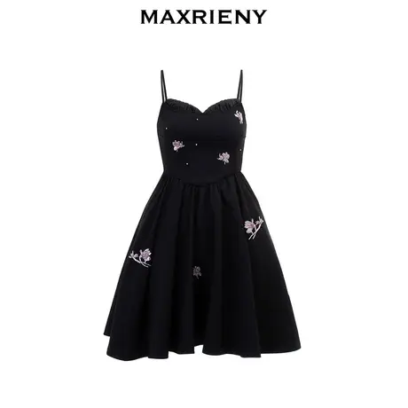 MAXRIENY复古优雅兰花小黑裙吊带连衣裙修身显瘦高级气质感女装商品大图