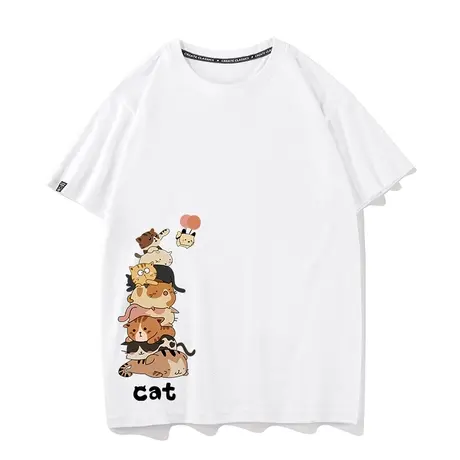 秀洛叠罗汉猫夏季新款潮流手绘猫咪印花图案绿色宽松短袖T恤衣服图片