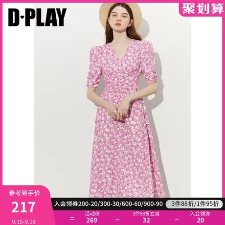 DPLAY2023夏新度假氛围感粉调雏菊V领抽褶羊腿袖印花连衣裙商品大图