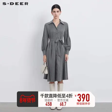 sdeer圣迪奥女装翻领风琴褶收腰衬衫连衣裙S233Z12K3图片