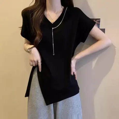 设计感小众V领短袖t恤女夏季韩版宽松大码女装胖MM不规则开叉上衣商品大图