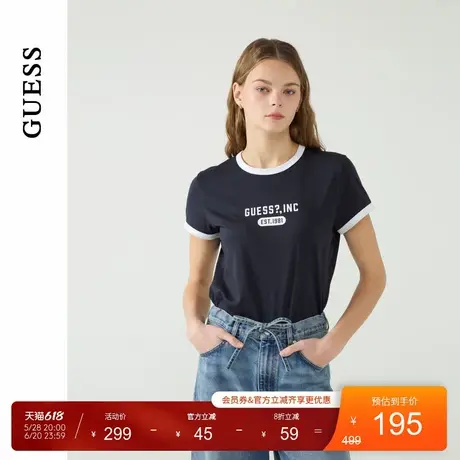 GUESS25年新款春季女士纯棉圆领撞色罗纹修身短袖T恤-W5PP89K2Q40图片