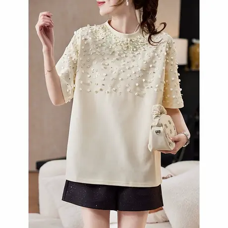 宝诗黎圆领亮片中长款T恤2025夏季宽松气质百搭显瘦棉质短袖上衣图片