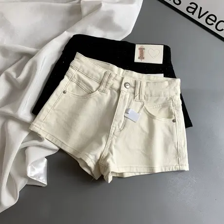 爱心烫钻皮牌高腰牛仔短裤女美式辣妹弹力紧身包臀阔腿A字热裤潮商品大图