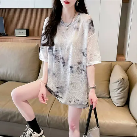 冰丝薄款短袖t恤女夏季韩版宽松大码中长款设计感小众扎染上衣服图片