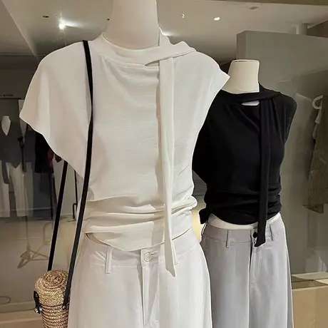 飘带拼接设计感小众短袖T恤女夏季韩版修身chic甜辣小飞袖上衣潮商品大图