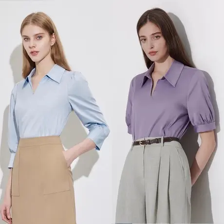 【直播】Scofield女装简约基础款V领短袖衬衫女夏季棉衬衫女上衣商品大图