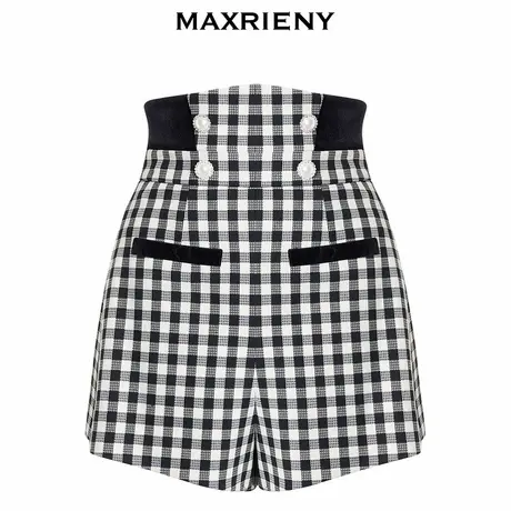 【奥莱】MAXRIENY黑白格纹高腰短裤装收腰显瘦a字休闲热裤商品大图
