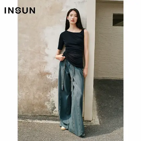 INSUN恩裳2025夏季复古解构感纯棉阔腿牛仔裤图片