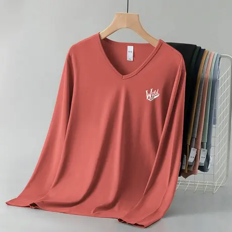 莫代尔长袖t恤男装潮牌潮流字母印花打底衫秋冬小衫内搭V领上衣服商品大图