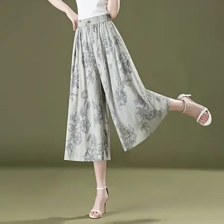 松紧腰印花裙裤八分裤女夏季2025新款垂感宽松阔腿裤休闲妈妈裤薄图片