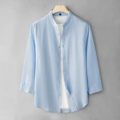 夏季纯亚麻男士衬衫七分袖宽松寸衣透气男装休闲新款纯色轻奢上衣图片