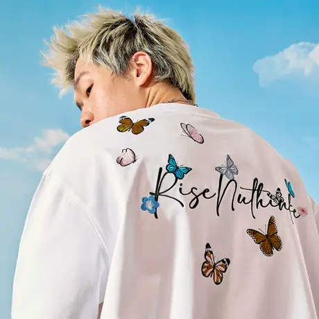 Nuthink蝴蝶花卉刺绣字母短袖T恤重磅美式潮牌半袖男女2025夏新款图片